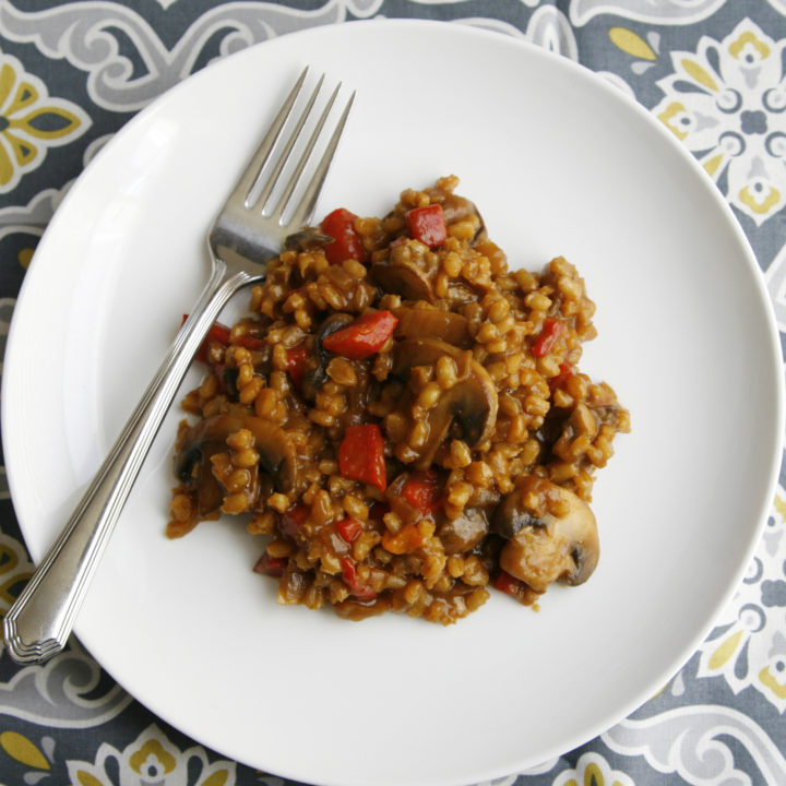 Caramelized Onion, Mushroom and Roasted Red Pepper Barley Risotto