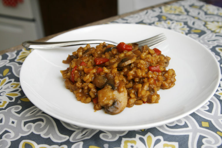 Caramelized Onion, Mushroom and Roasted Red Pepper Barley Risotto