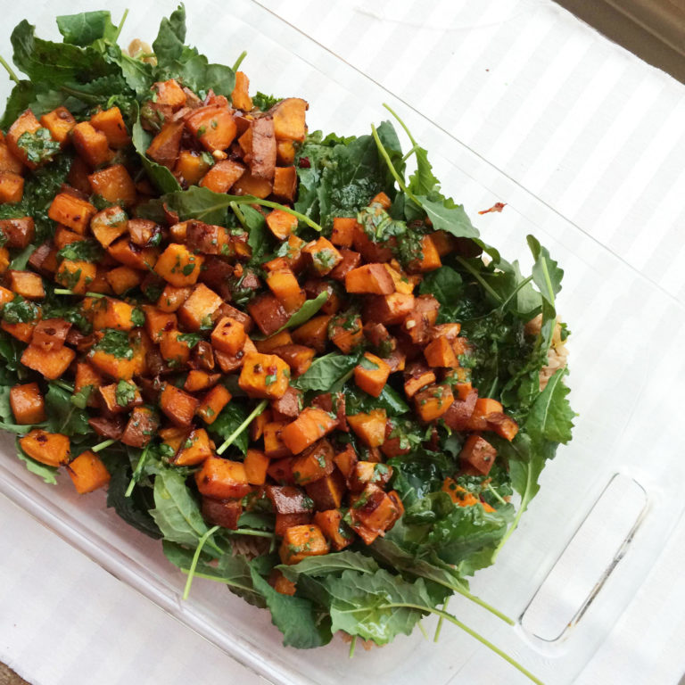 Chipotle Maple Roasted Sweet Potatoes and Baby Kale Salad with Farro