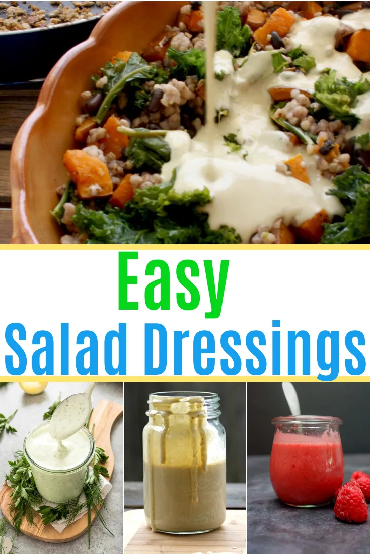 This image shows four photos of easy salad dressing recipes — three in jars and one being poured on a salad.