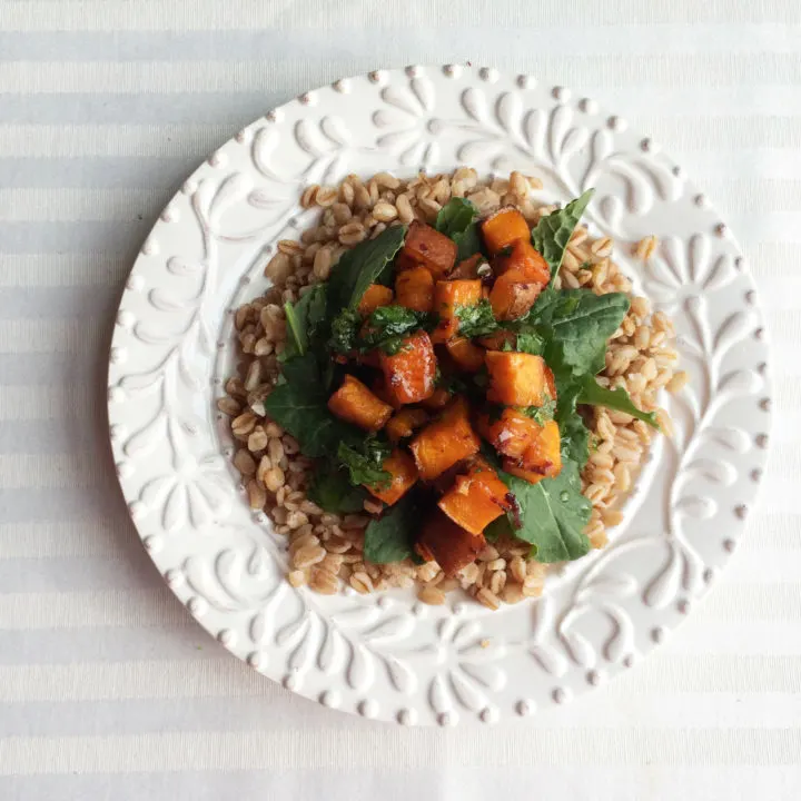 Warm Chipotle Maple Roasted Sweet Potatoes and Baby Kale Salad with Farro