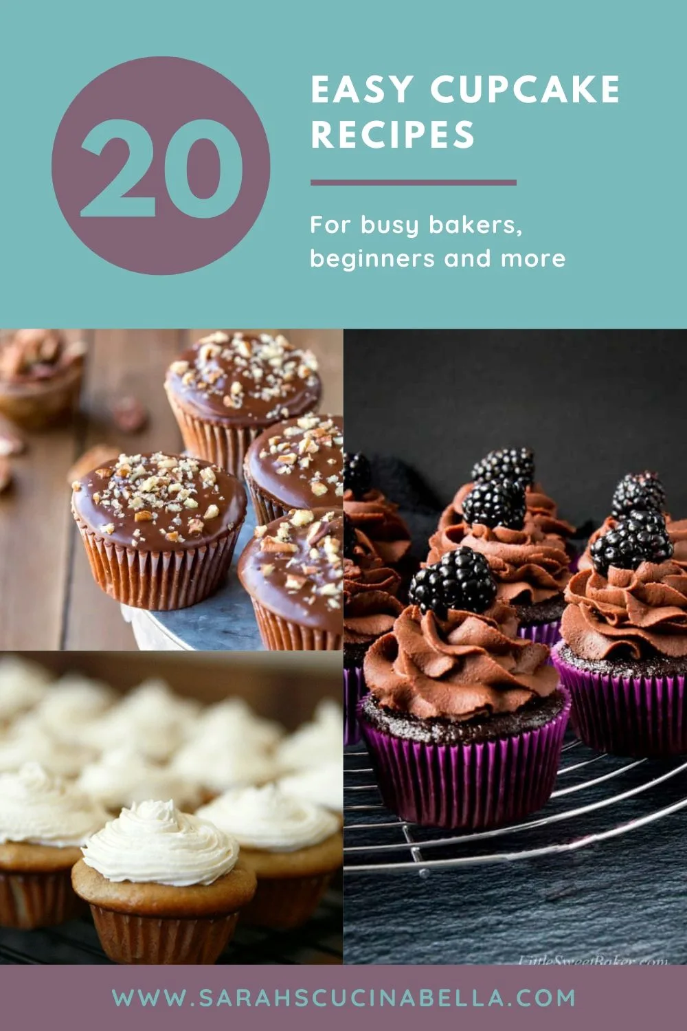 20 Easy Cupcake Recipes graphic. This shows three cupcake photos — a brown cupcake with brown frosting and a blackberry on top; a caramel colored cupcake with white frosting and a brown cupcake with brown glaze and chopped nuts.