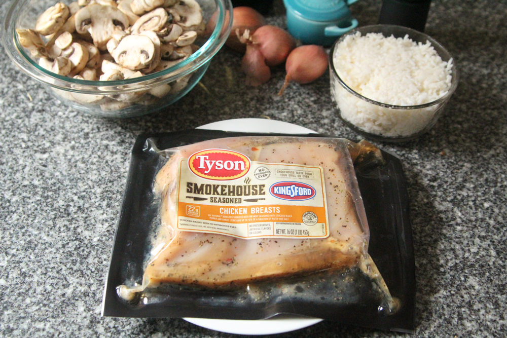 Tyson Smokehouse Seasoned Chicken Breasts with the ingredients for a flavorful rice with mushrooms and balsamic vinegar.