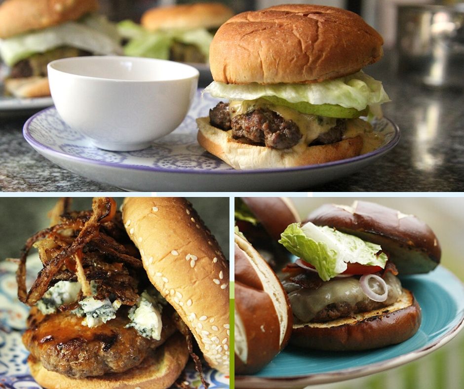Pictures of three burgers you don't need a grill for.