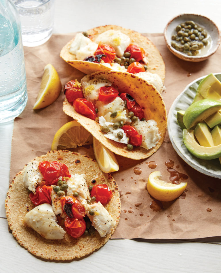 Lemon Caper Fish Tacos with Blistered Tomatoes and Avocado