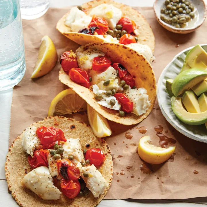 Lemon Caper Fish Tacos with Blistered Tomatoes and Avocado