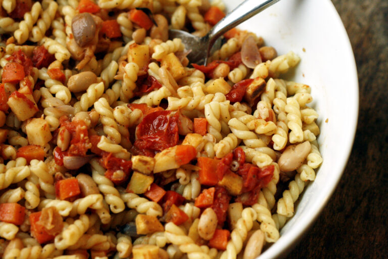 Roasted Vegetable Pasta with Tomatoes and White Beans
