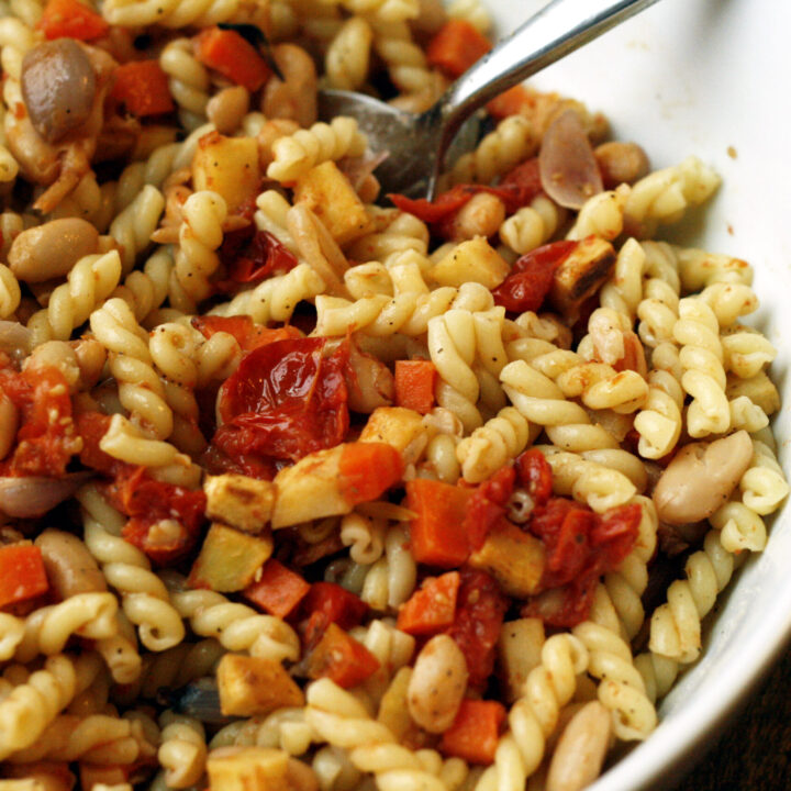 Roasted Vegetable Pasta with Tomatoes and White Beans