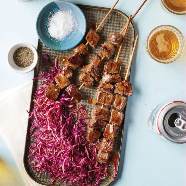 Hoisin Beef Skewers with Gingery Red Cabbage Slaw