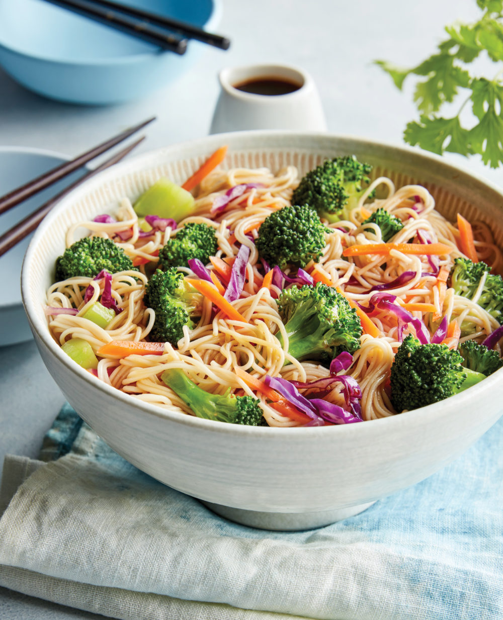 A white bowl has noodles with broccoli, red cabbage and other vegetables in it.
