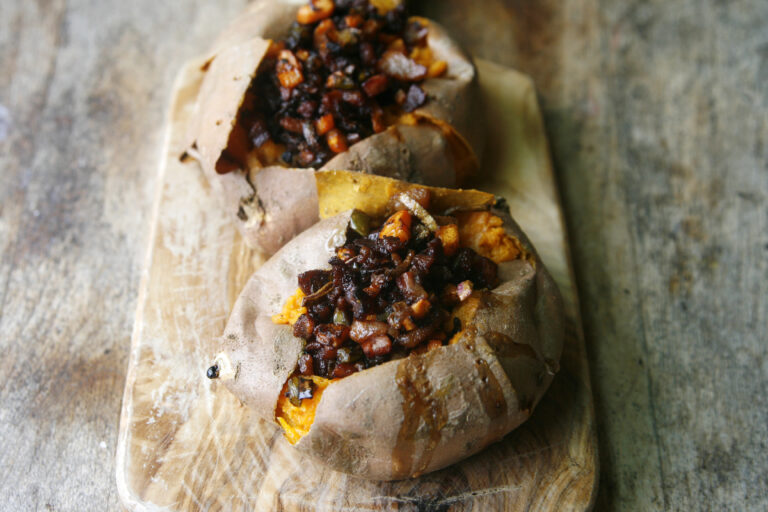 Baked Sweet Potatoes with Crispy Pancetta and Vegetables