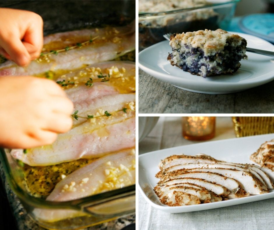 Three food images are shown in a composite. Small hands place thyme sprigs on fish topped with garlic. A slice of blueberry crumb cake sits on a plate. A platter of sliced turkey breast. This is an illustration for the All-Time Best Recipes from the First 15 Years of Sarah's Cucina Bella.