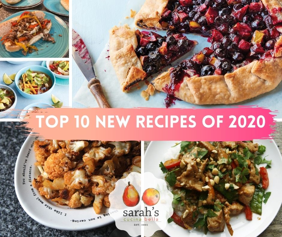 A collage of food photos with the words "Top 10 New Recipes of 2020" and the logo for Sarah's Cucina Bella.