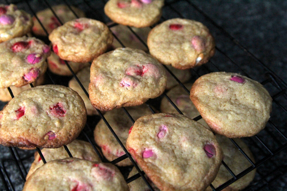 A cooling rack with M&M Cookies for Valentine's Day is shown.