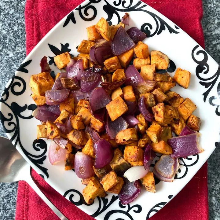 Roasted Sweet Potatoes and Red Onions with Gochujang Seasoning