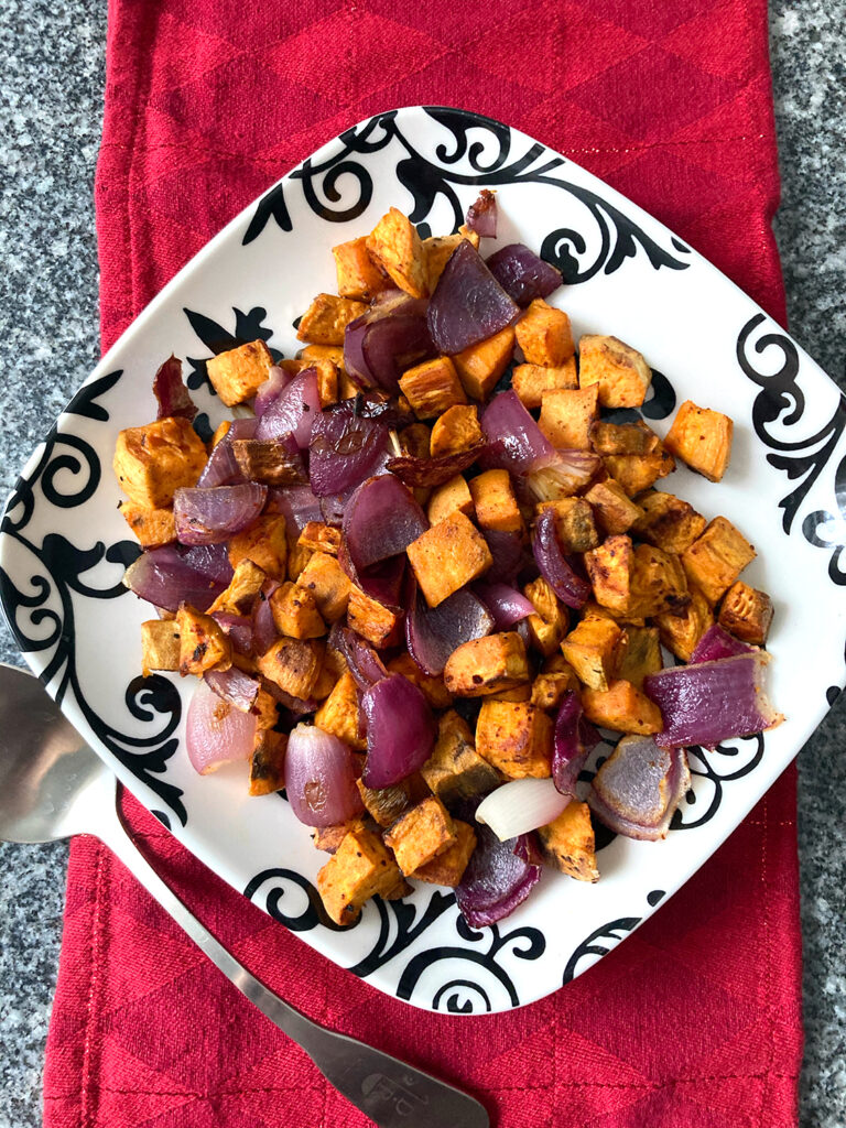 Roasted Sweet Potatoes and Red Onions with Gochujang Seasoning