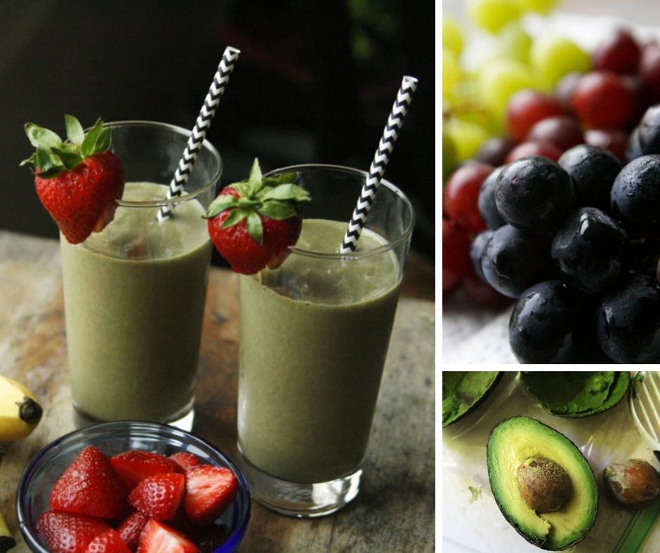 This image is a composite of three healthy breakfast images — a green smoothie with a strawberry on the glass, a plate of white, red and black grape and an avocado on a cutting board.