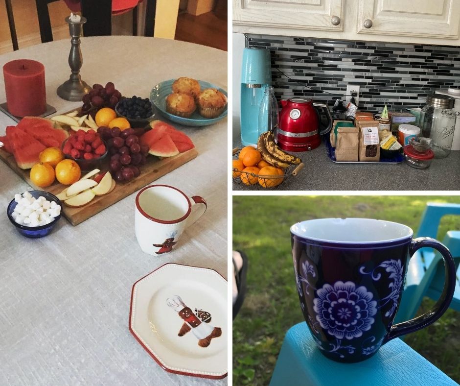A collage of three photos to illustrate this post about things important to a house-hunting food writer is shown. One shows a table laid for breakfast with plates, a breakfast board and muffins. Another shows a hot drink bar in a kitchen featuring a kettle, teas and more. One shows a coffee cup perched on the arm of an outdoor chair.
