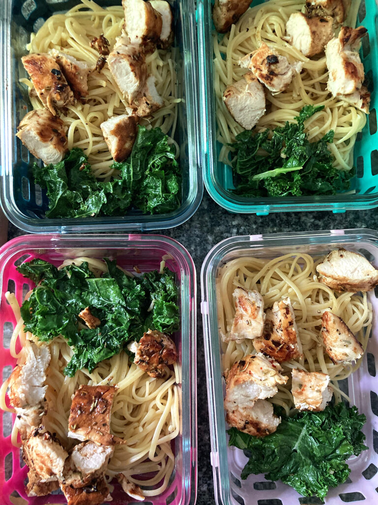 Zesty Chicken Bowls with Sauteed Kale and Pasta