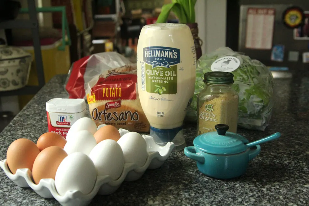 Ingredients for this easy egg salad recipe are shown on a granite countertop. They include eggs, salt, pepper, mustard, mayonnaise, bread and arugula.