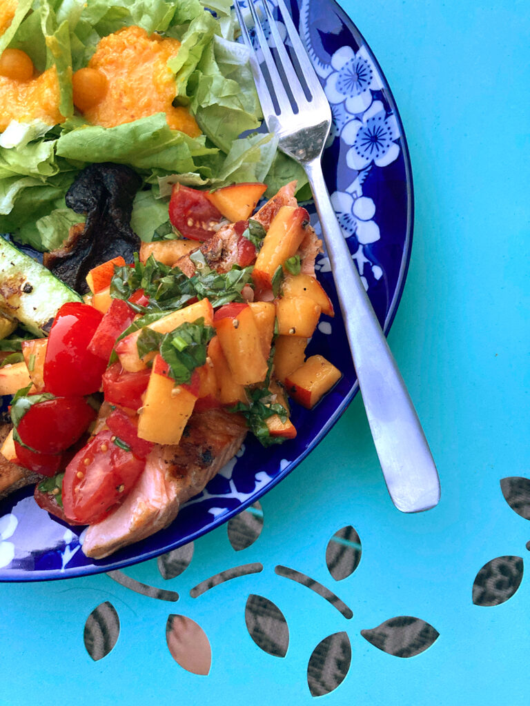 Grilled Salmon with Peach, Basil and Tomato Topping