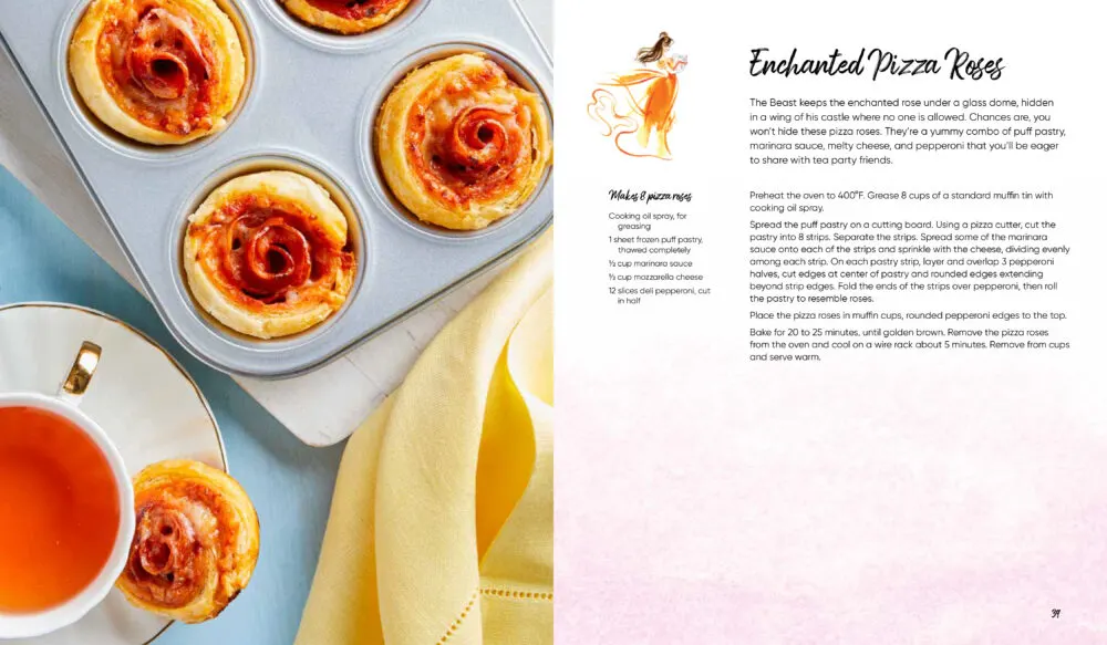 This photo shows a recipe spread for Enchanted Pizza Roses. The recipe is on the right and an image of the tarts is on the left. 
