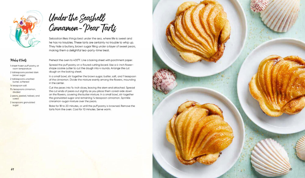 This photo shows a recipe spread for Under the Seashell Cinnamon-Pear Tarts. The recipe is on the left and an image of the tarts is on the right. 