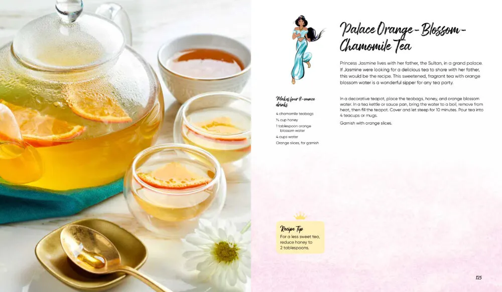 This photo shows a recipe spread for Palace Orange-Blossom-Chamomile Tea. The recipe is on the right and an image is on the left. 