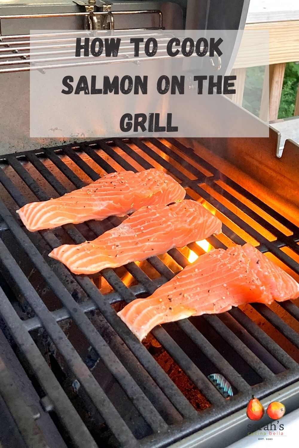 Salmon filets are shown on a lit grill with the words "how to cook salmon on a grill" superimposed over the image.