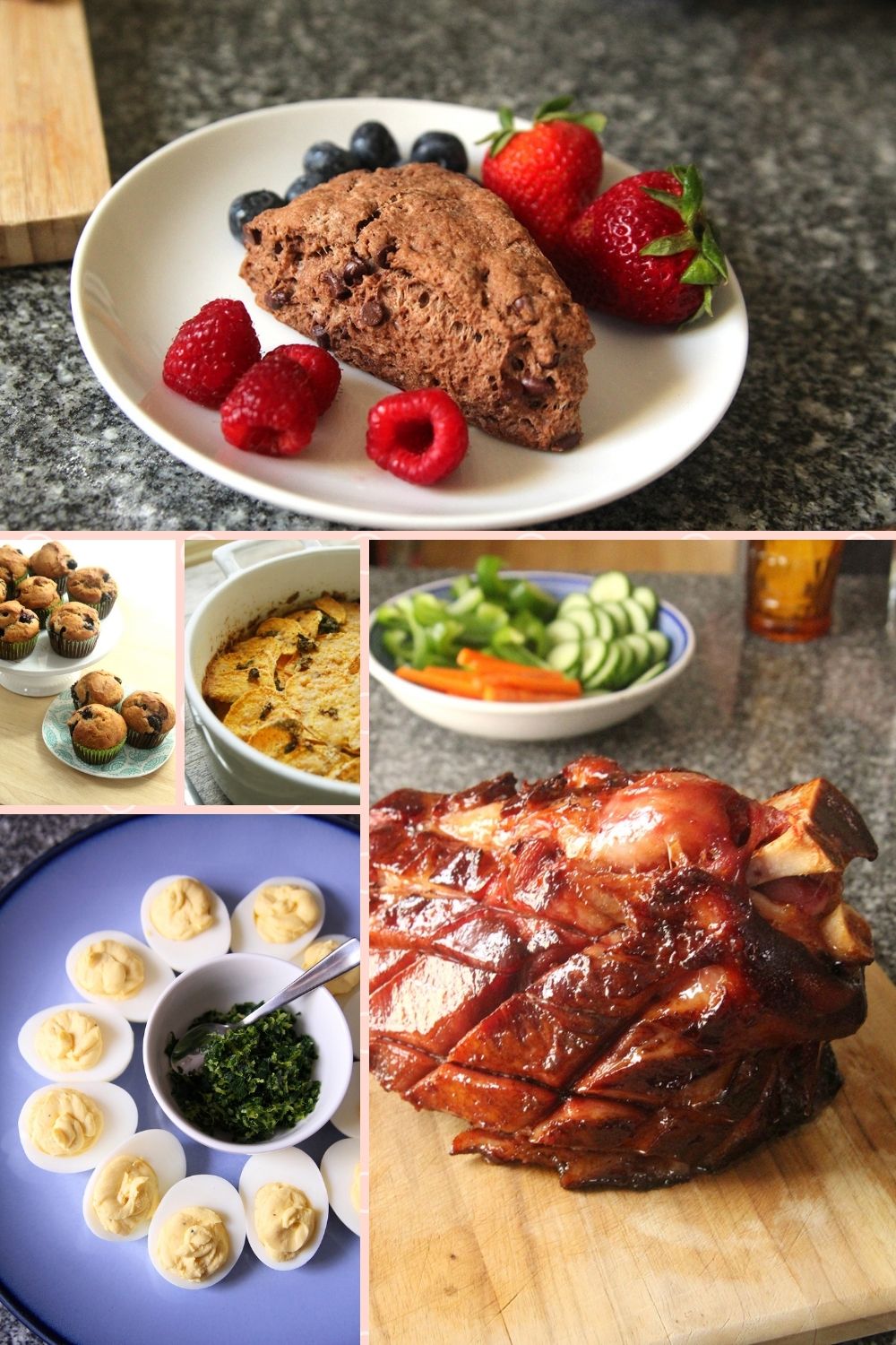 A collage of food photos is shown. The photos include double chocolate scones on a white plate with raspberries and strawberries, banana blueberry muffins, sweet potato gratin, a glazed ham and deviled eggs with a green herb sprinkle.