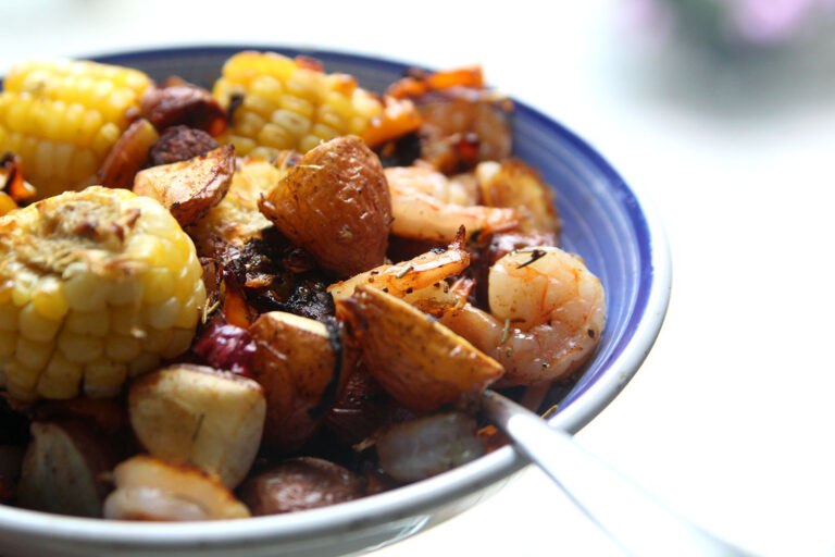 One Pan Shrimp Bake with Sausage, Potatoes and Corn