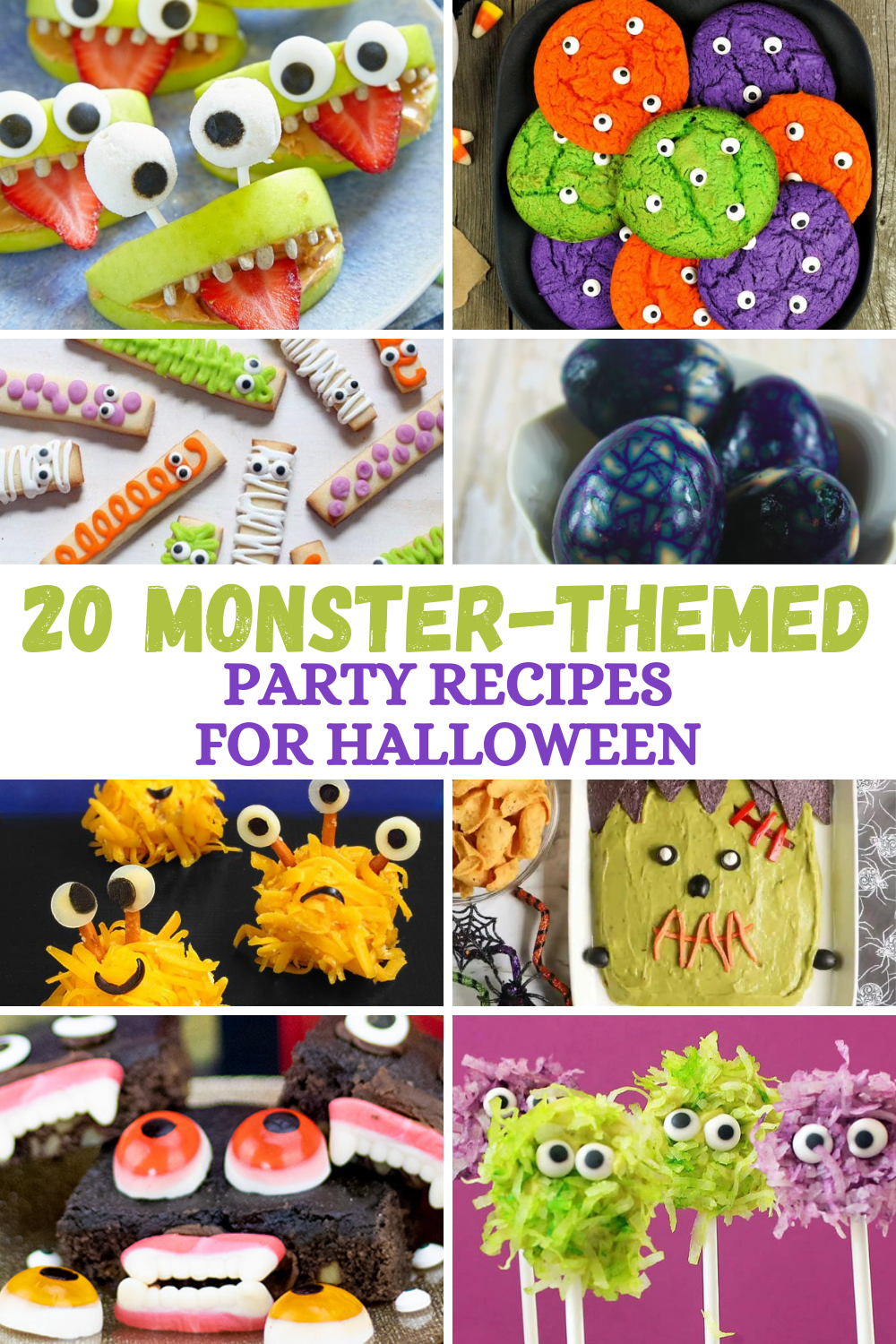 This is a compilation image showing a selection of monster-themed recipes and the words "20 monster-themed party recipes for Halloween."