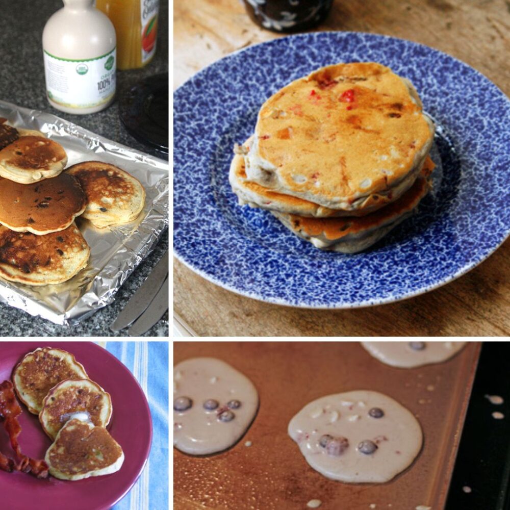 This image is a collage of four images showing various pancakes speckled with fruit. In one photo, the pancakes are cooking on a skillet.