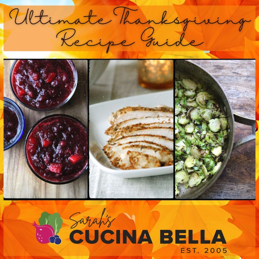 A composite image with an orange and yellow leaf background is shown. In the image are three dishes: cranberry sauce, sliced turkey and brussels sprouts.