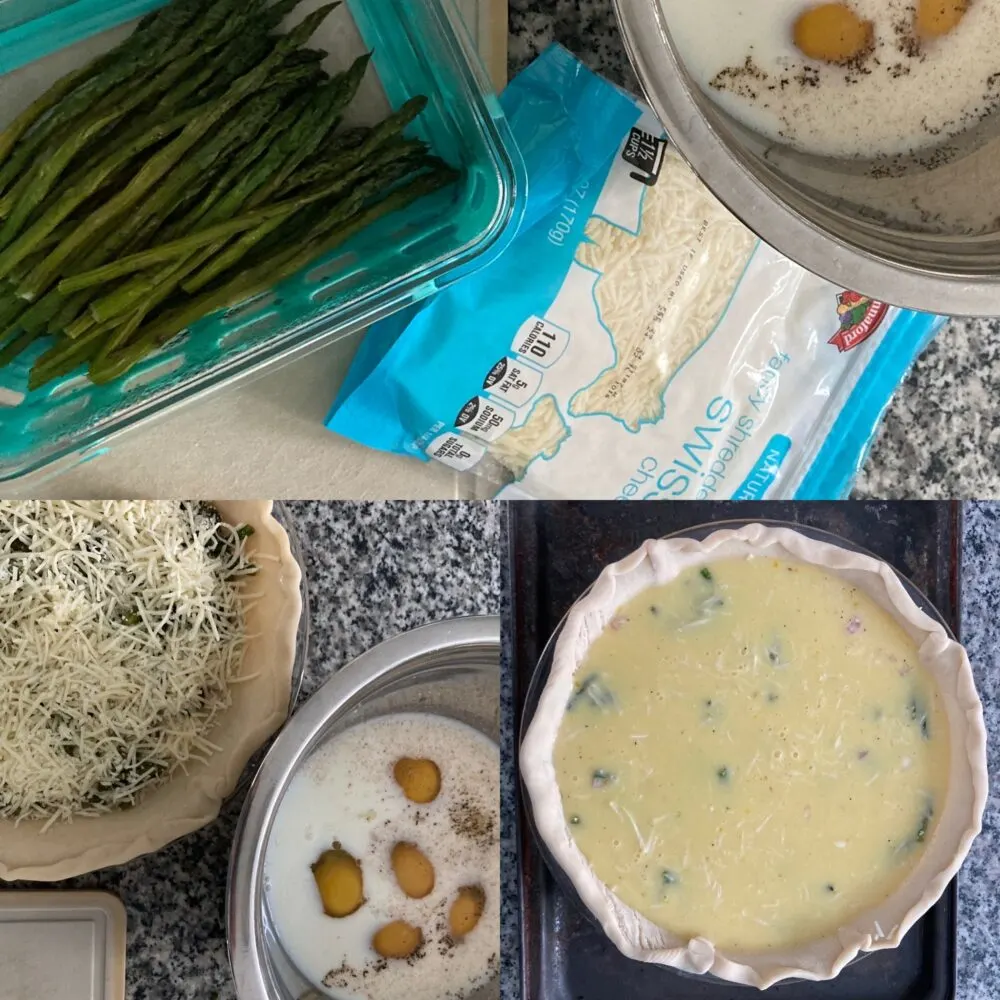 Three images in a collage show the ingredients for the asparagus quiche, the layering of mix-in ingredients in the pie crust and the unbaked quiche ready for the oven.