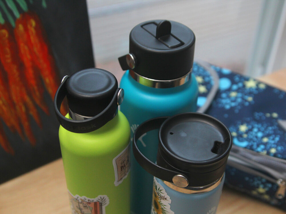 Three reusable bottles are shown with a lunch box and a painting of carrots in the background.