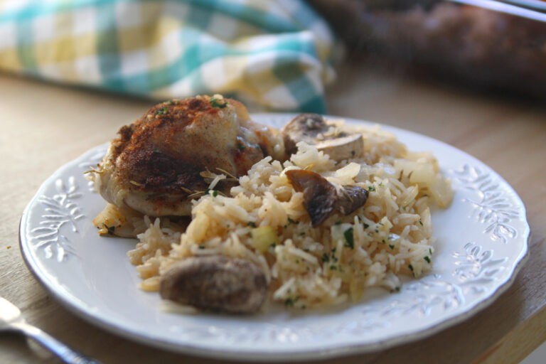 One Pan Chicken and Rice Casserole Recipe with Mushrooms