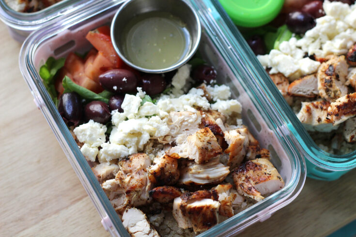 Chicken Souvlaki Arugula Quinoa Bowls with Lemon Vinaigrette