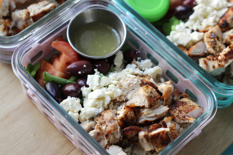 Chicken Souvlaki Arugula Quinoa Bowls with Lemon Vinaigrette