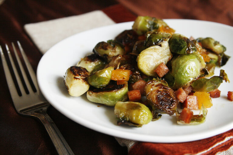 Maple Roasted Brussels Sprouts with Andouille Sausage and Apricots