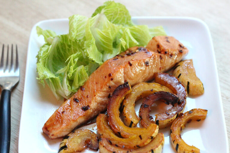 One Pan Roasted Salmon and Delicata Squash