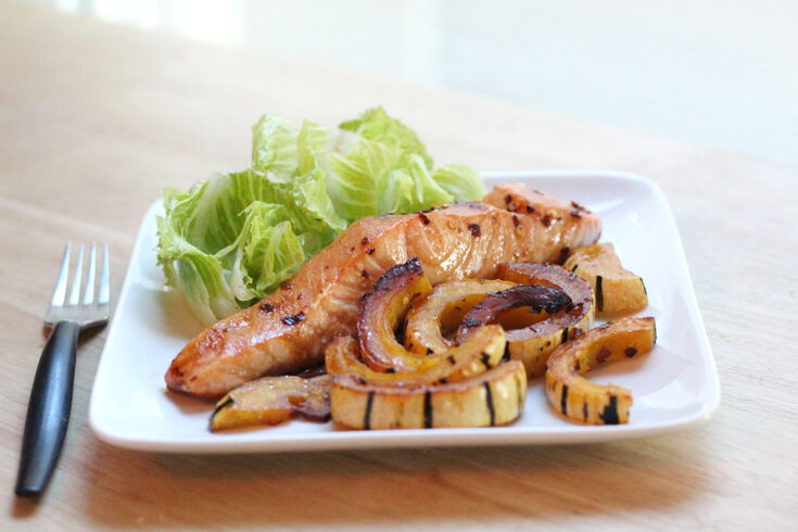 One Pan Roasted Salmon and Delicata Squash