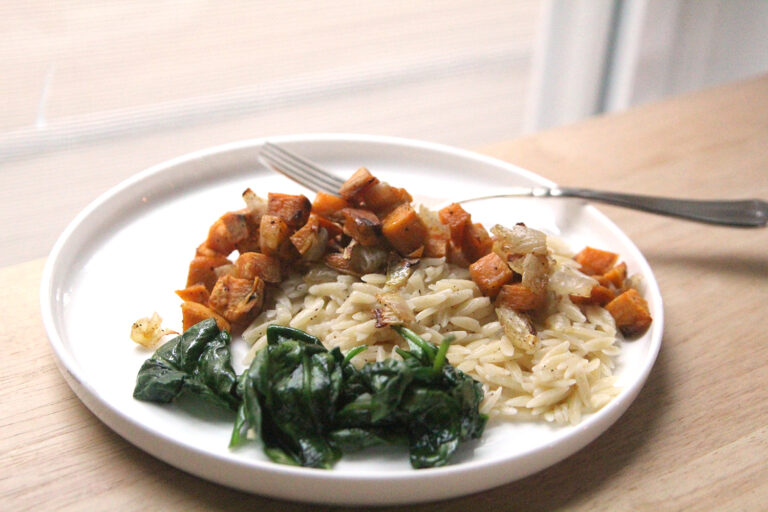 Sweet Potato Orzo with Garlic Spinach